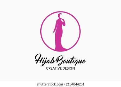 Hijab boutique logo design with a creative and simple concept of a silhouette of a woman in a circle. Hijab fashion logo vector illustration.