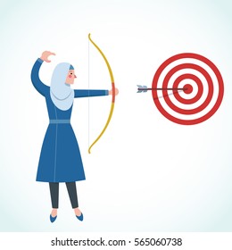 Hijab businesswoman Hits the Sales Target. Vector illustration of flat styled Hijab Businesswoman hitting the corporate Sales Charts with a bow and arrow.