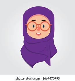 Hijab Cartoon Flat Face Character with Glasses Vector Illustrations