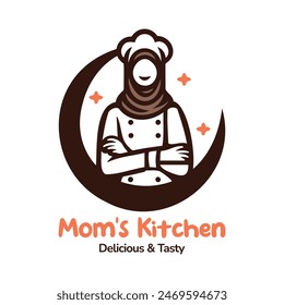 Hijab Chef Logo. Beauty  Female Muslimah use scarf in Kitchen. Vector Illustration Design. Perfect for T-shirt, Emblem, Business, Fast Food, Culinary Brand, Restaurant, Catering, Food and Beverages