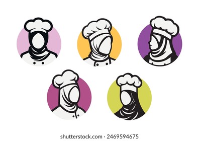 Hijab Chef Logo. Beauty  Female Muslimah use scarf in Kitchen. Vector Illustration Design. Perfect for T-shirt, Emblem, Business, Fast Food, Culinary Brand, Restaurant, Catering, Food and Beverages