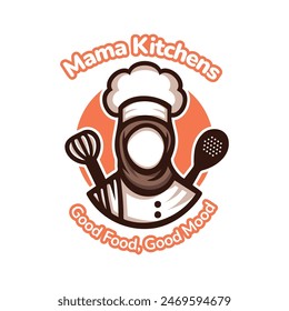 Hijab Chef Logo. Beauty  Female Muslimah use scarf in Kitchen. Vector Illustration Design. Perfect for T-shirt, Emblem, Business, Fast Food, Culinary Brand, Restaurant, Catering, Food and Beverages