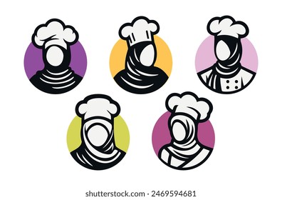 Hijab Chef Logo. Beauty  Female Muslimah use scarf in Kitchen. Vector Illustration Design. Perfect for T-shirt, Emblem, Business, Fast Food, Culinary Brand, Restaurant, Catering, Food and Beverages