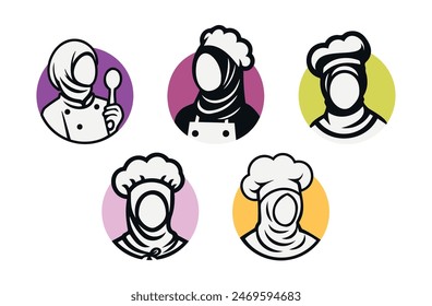 Hijab Chef Logo. Beauty  Female Muslimah use scarf in Kitchen. Vector Illustration Design. Perfect for T-shirt, Emblem, Business, Fast Food, Culinary Brand, Restaurant, Catering, Food and Beverages