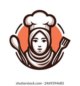 Hijab Chef Logo. Beauty  Female Muslimah use scarf in Kitchen. Vector Illustration Design. Perfect for T-shirt, Emblem, Business, Fast Food, Culinary Brand, Restaurant, Catering, Food and Beverages