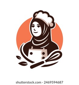 Hijab Chef Logo. Beauty  Female Muslimah use scarf in Kitchen. Vector Illustration Design. Perfect for T-shirt, Emblem, Business, Fast Food, Culinary Brand, Restaurant, Catering, Food and Beverages