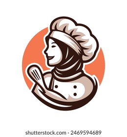 Hijab Chef Logo. Beauty  Female Muslimah use scarf in Kitchen. Vector Illustration Design. Perfect for T-shirt, Emblem, Business, Fast Food, Culinary Brand, Restaurant, Catering, Food and Beverages