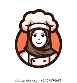 Hijab Chef Logo. Beauty  Female Muslimah use scarf in Kitchen. Vector Illustration Design. Perfect for T-shirt, Emblem, Business, Fast Food, Culinary Brand, Restaurant, Catering, Food and Beverages