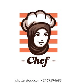 Hijab Chef Logo. Beauty  Female Muslimah use scarf in Kitchen. Vector Illustration Design. Perfect for T-shirt, Emblem, Business, Fast Food, Culinary Brand, Restaurant, Catering, Food and Beverages