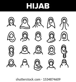 Iconos de elementos musulmanes de la colección Hijab ponen línea delgada al vector. Silueta Femenina En Pictogramas Lineales Tradicionales Árabes Con Hijab. Ilustraciones de contorno monocromo de estilo de vida islámico