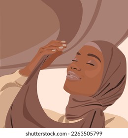 Hijab Day. Muslim woman in hijab. An Arab woman. Happy Hijab Day. Vector illustration of a girl in a headscarf. Banner, flyer, printed products