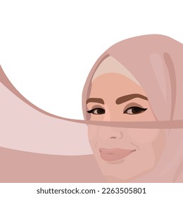 Hijab Day. Muslim woman in hijab. An Arab woman. Happy Hijab Day. Vector illustration of a girl in a headscarf. Banner, flyer, printed products