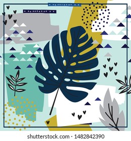 Hijab design with abstract tropical leaf design for silk scarf pattern with leaf and geometric element