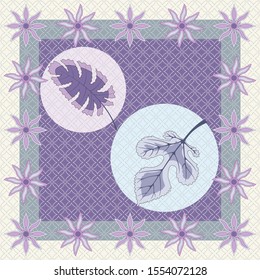 Hijab design with flower and abstract lines on purple background. Silk scarf pattern.