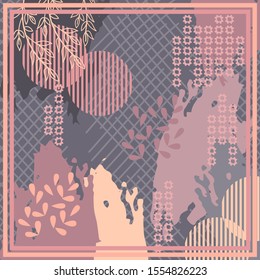 Hijab design with foliage abstract style. Silk scarf pattern