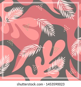 Hijab design with leaf and triangle pattern. Silk scarf design on pink