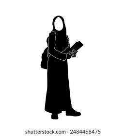 Hidschab Kleid Frau Silhouette Pose mit einem Buch, Schwarze Schule Frau Vektorgrafik Ikone