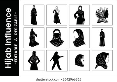 Hijab Fashion Collection Black And White Editable Vector Illustrations For Diverse Cultural Representation