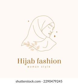 Hijab fashion logo template. Muslim headdress boutique. Linear female portrait with closed eyes. Vector illustration in one line style. Arabian woman wear store.
