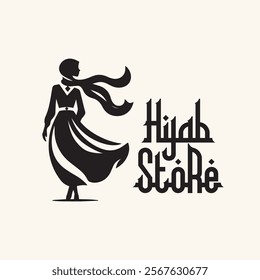 Hijab fashion logo template for muslim woman wear store or boutique logo. Muslim logo woman silhouette in dress, scarf train in wind. Vector Hijab illustrarion.