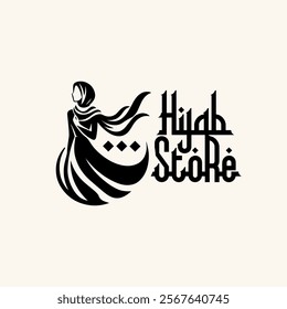 Hijab fashion logo template for muslim woman wear store or boutique logo. Muslim logo woman silhouette in dress, scarf train in wind. Vector Hijab illustrarion.