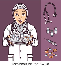 hijab female doctor show medicine and vaccine covid19 illustration