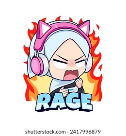 Hijab gamer girl angry emotion cartoon character mascot logo vector
