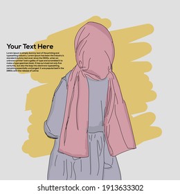 Hijab Girl Back With Watercolor Background Template