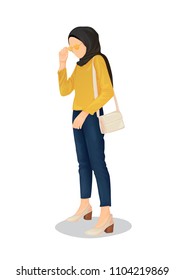 A hijab girl with casual outfit like yellow mustard shirt, dark blue jeans, shoulder bag, heels, and yellow glasses