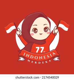 Hijab Girl Celebrate Indonesia 77th Independence Day Or Dirgahayu Kemerdekaan Indonesia Ke 77