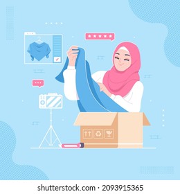 hijab girl character unboxing package concept illustration background