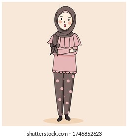 hijab girl crossing arm , vector of  Muslim girl standing and crossing arm