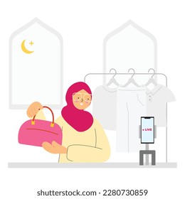 hijab girl doing live streaming on social media. host woman doing live shopping on e commerce platform. digital marketing illustration concept