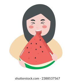 hijab girl eat watermelon isolated on white background