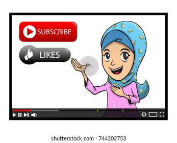 Hijab Girl give tutorial on video live streaming applications cartoon vector
