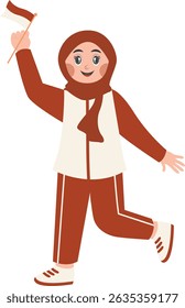 Hijab Girl Holding Indonesian Flag. Indonesian Independence Day Celebration. Vector Character Illustration