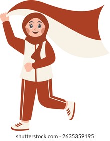 Hijab Girl Holding Indonesian Flag. Indonesian Independence Day Celebration. Vector Character Illustration