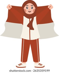 Hijab Girl Holding Indonesian Flag. Indonesian Independence Day Celebration. Vector Character Illustration