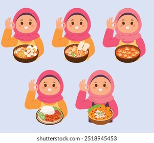 The hijab girl with Indonesian spicy food set collection vector illustration