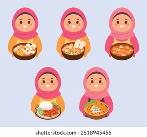 The hijab girl with Indonesian spicy food set collection vector illustration