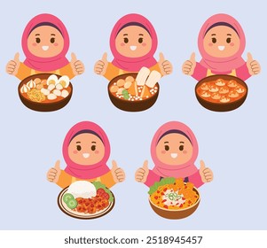 The hijab girl with Indonesian spicy food set collection vector illustration