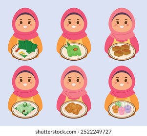 A menina do hijab com a ilustração indonésia tradicional do vetor da coleção do conjunto do lanche