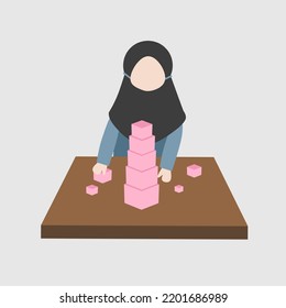 Hijab girl kids learning montessori pink tower