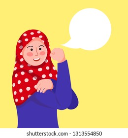 Hijab Girl Poses We Can Do It, Inspired By Rosie The Riveter With Blank Baloon Text Vector Cartoon Illustration
