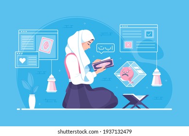 hijab girl Reading Quran in the month of ramadan illustration