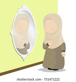 Hijab Girl with Reflection on Mirror. Vector Illustration of Muslim Girl Cartoon Character