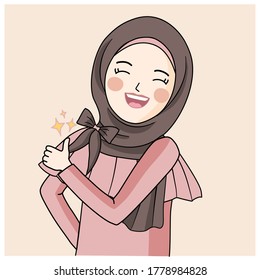 hijab girl show thump up, vector of portrait Muslim girl smiling with thump up