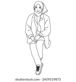 Hijab girl sitting down outline illustration. Happy Muslim girl sat down line art illustration.