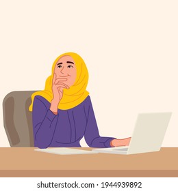 Hijab Girl Thinking Idea In Front Of Laptop On Desk