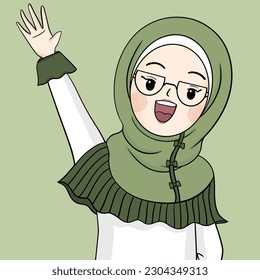 hijab girl is waving hand , muslim woman waves hand